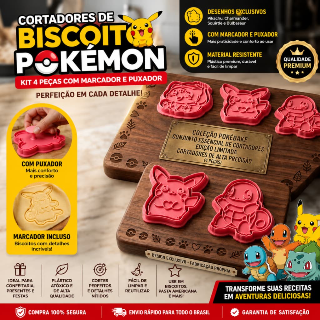 Kit 4 Cortadores e Marcadores Pokémon com Puxador Biscoito Pasta Americana Biscuit