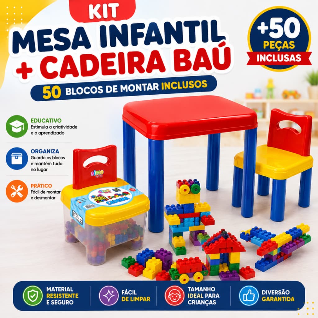 Kit Mesa Infantil Educativa Com Cadeira Baú E 50 Blocos De Montar
