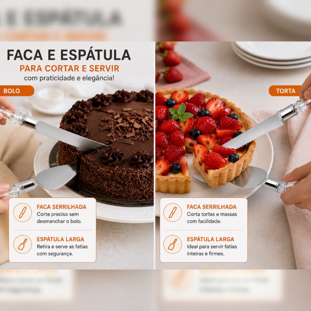 Kit de Confeitaria Conjunto Faca Serrilhada e Espátula para Bolo Tortas e Sobremesas em Inox Cabo de Acrilico