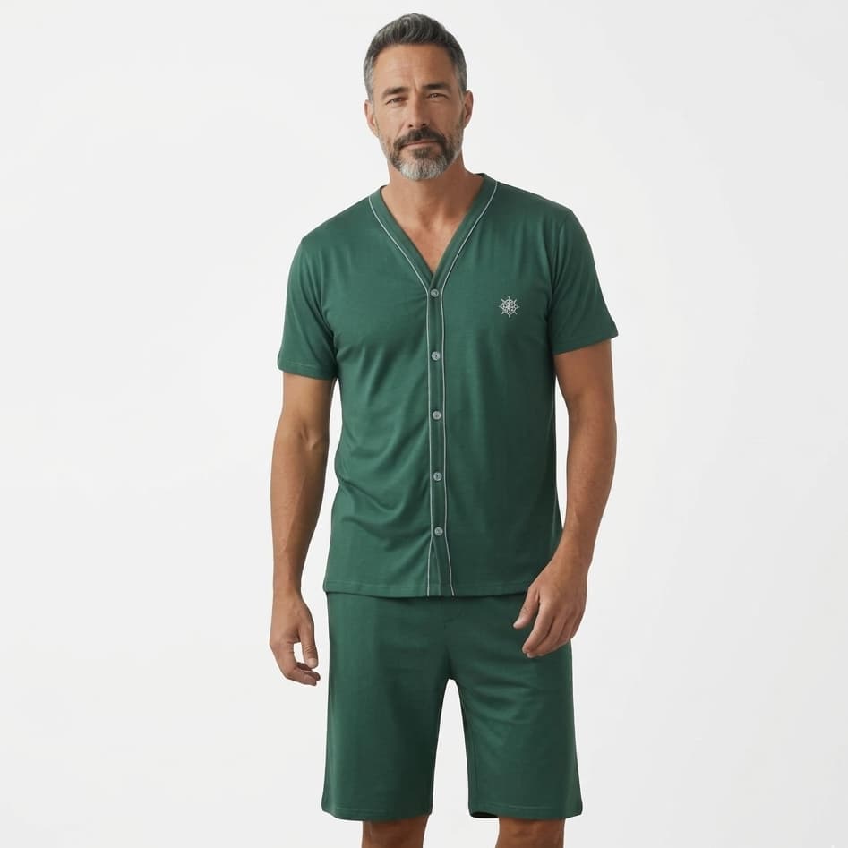 Pijama Masculino Aberto na Frente Curto Meia Manga Pós Cirúrgico Confortável Prático