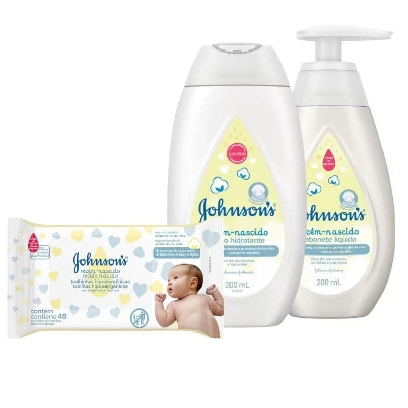 Kit Recém Nascido Johnson's Baby Lencinho 48 Unidades + Hidratante 200ml + Sabonete 200ml