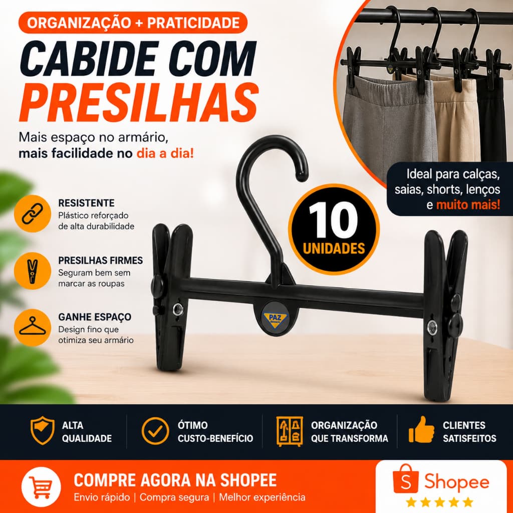 KIT 10 Cabides com Prendedor Presilha Jogo Organizador Adulto - Preto