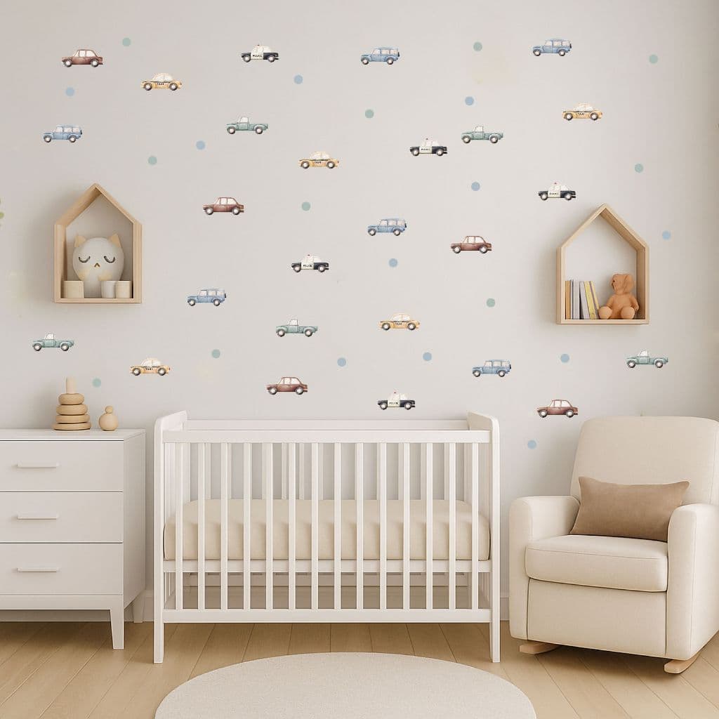 Adesivos de Parede Infantil Bebê Carros Aquarela e Bolinhas Quarto de bebê decoração