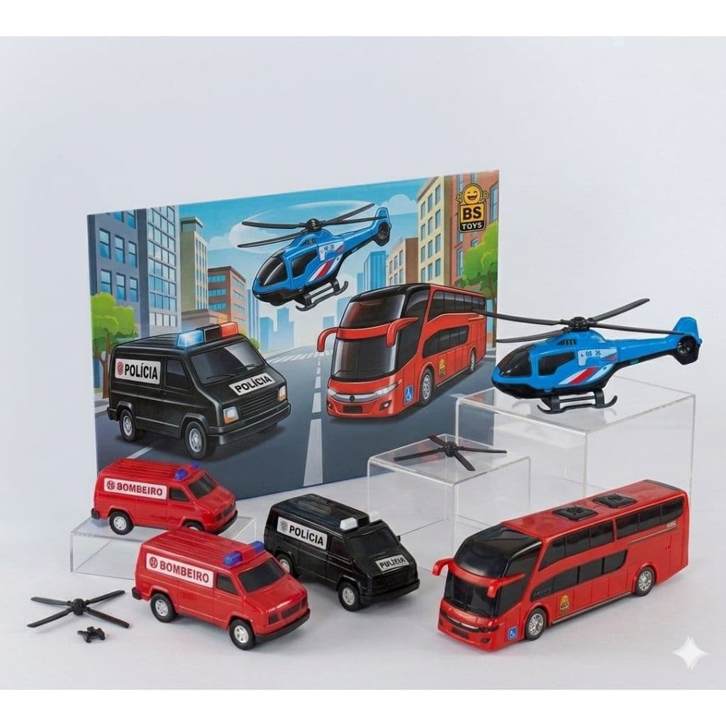 KIT BRINQUEDOS -  VAN DE RESGATE + HELICOPTERO + ONIBUS