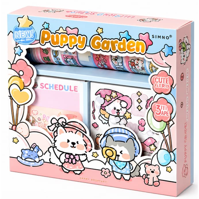 Kit de Papelaria Puppy Garden com 50 Folhas de Notas, Adesivos Decorativos e Washi Tape