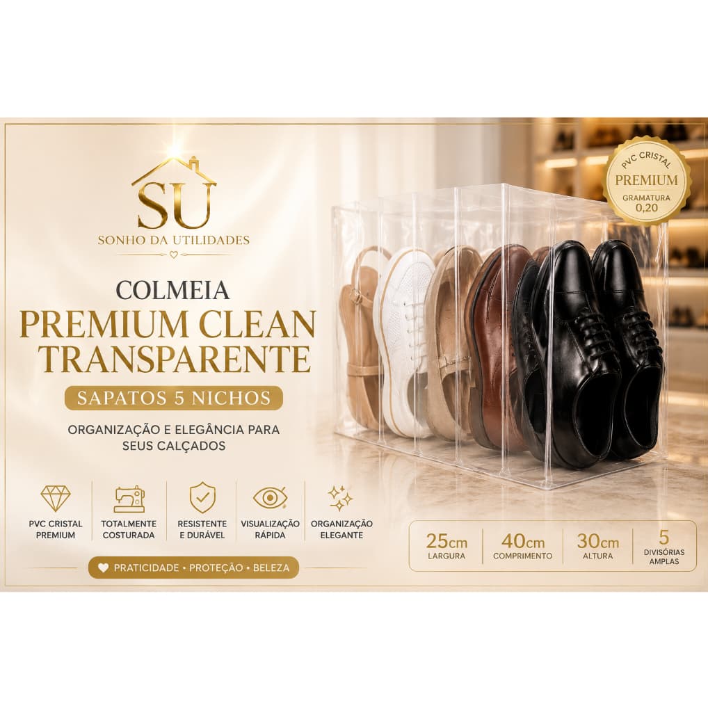 Colmeia Organizadora Premium Clean Transparente para Sapatos 5 Nichos PVC Cristal 0,20 SU Sonho