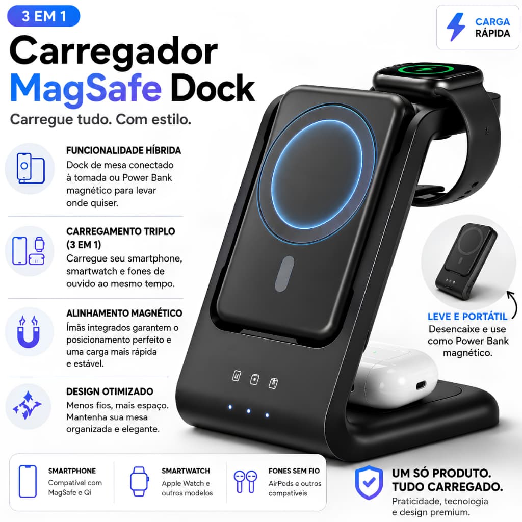 Carregador Magnético 3 em 1 Original Peining Indução MagSafe 15W Preto