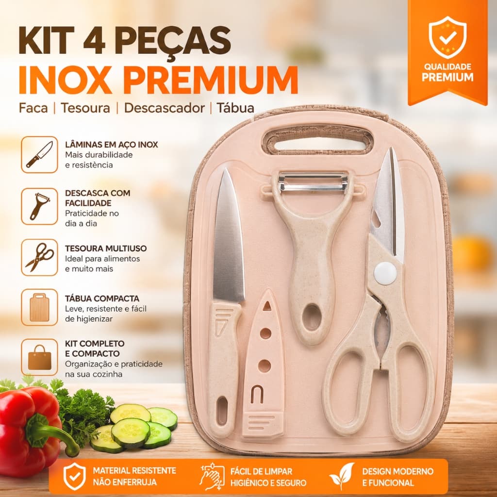 Kit de Utensílios de Cozinha 4 Peças - Faca Tesoura Descascador Tábua Culinária Inox