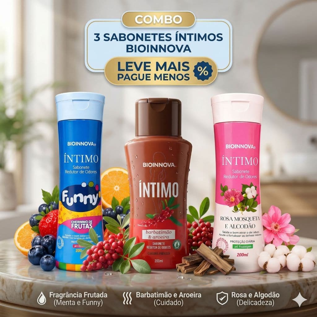 Combo 3 Sabonetes Íntimos Barbatimão e Aroeira, Rosa Mosqueta e Algodão e Funny Leve Mais Pague Menos