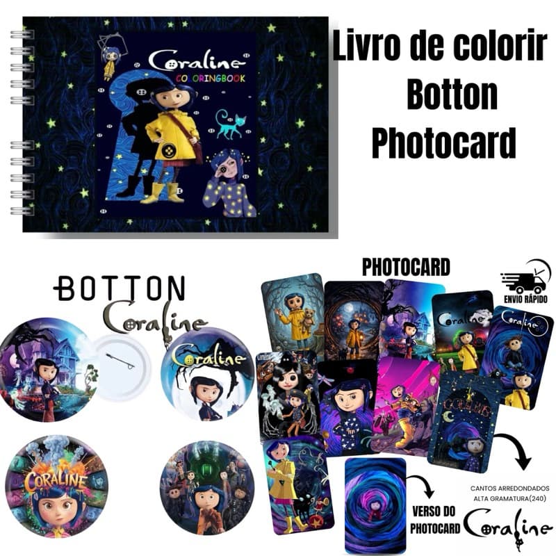 Livro de Colorir e Botton Photocard Coraline  / Capa Dura 50 paginas ENVIO RÁPIDO