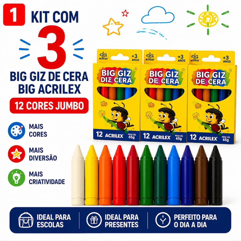 Kit com 3 Caixas de Giz De Cera Acrilex Big Jumbo 12 Cores Infantil Escolar