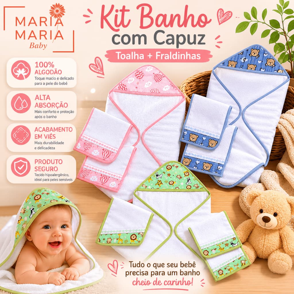 Toalha de Banho Bebê + 2 Toalhas de Ombro + 2 Fralda de Boca para Bebê 100% Algodão Estampada