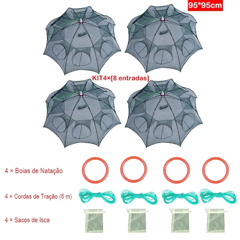 Kit 4 Peças Armadilha de Camarão Dobrável 8 Entradas - Rede de Pesca Nylon 95x95cm com Isca, Cordas e Boias