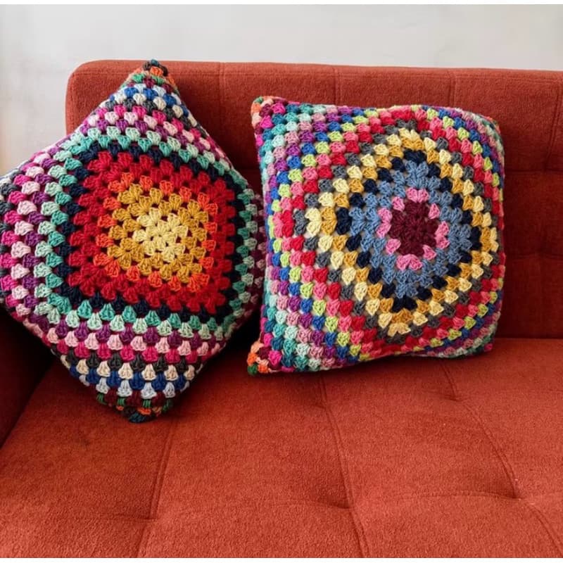 Capa de Almofada de Crochê Colorida Dupla Face Square - Feita à Mão Algodão, Decoração Estilo Boho Chic 40x40