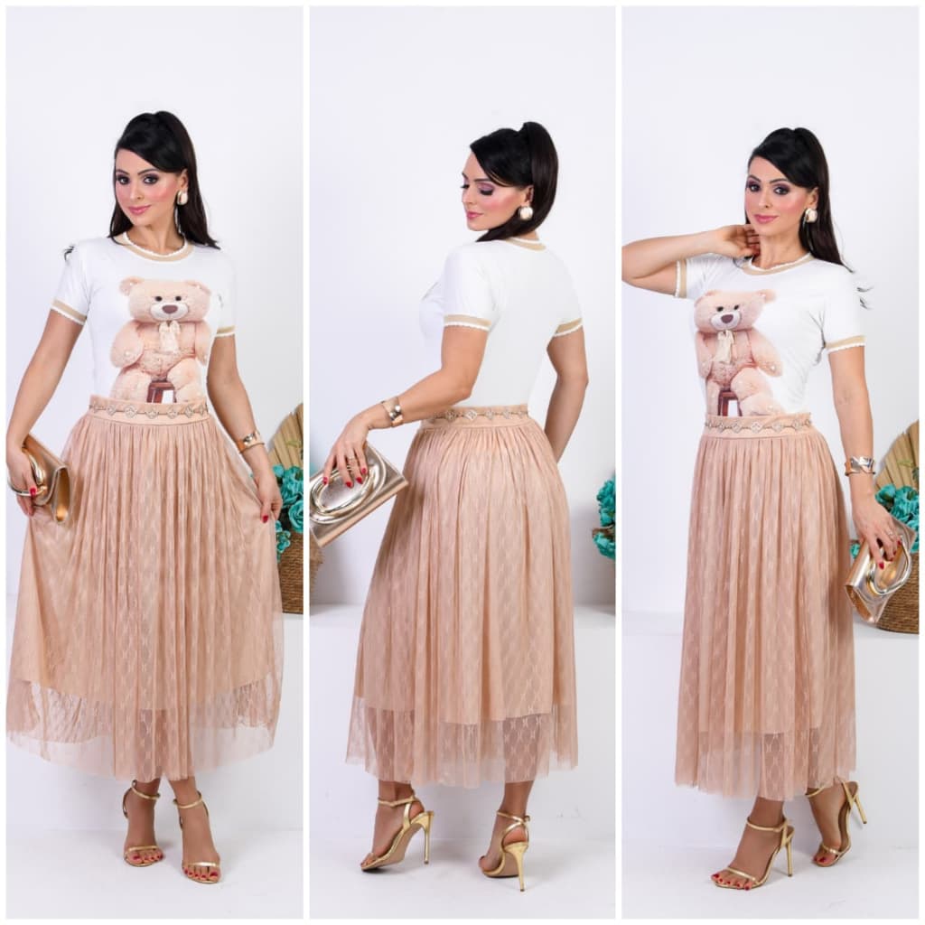 Saia Tule Estampado Floral Moda Evangélica Midi Romântica Sofisticada Luxo Premium Para Cultos, Congressos e Eventos