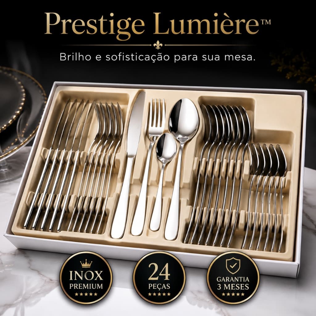 Jogo Faqueiro 24 Peças Aço Inox Premium Alta Qualidade Talheres Luxo Mesa Prestige Lumière Serve 6 Pessoas