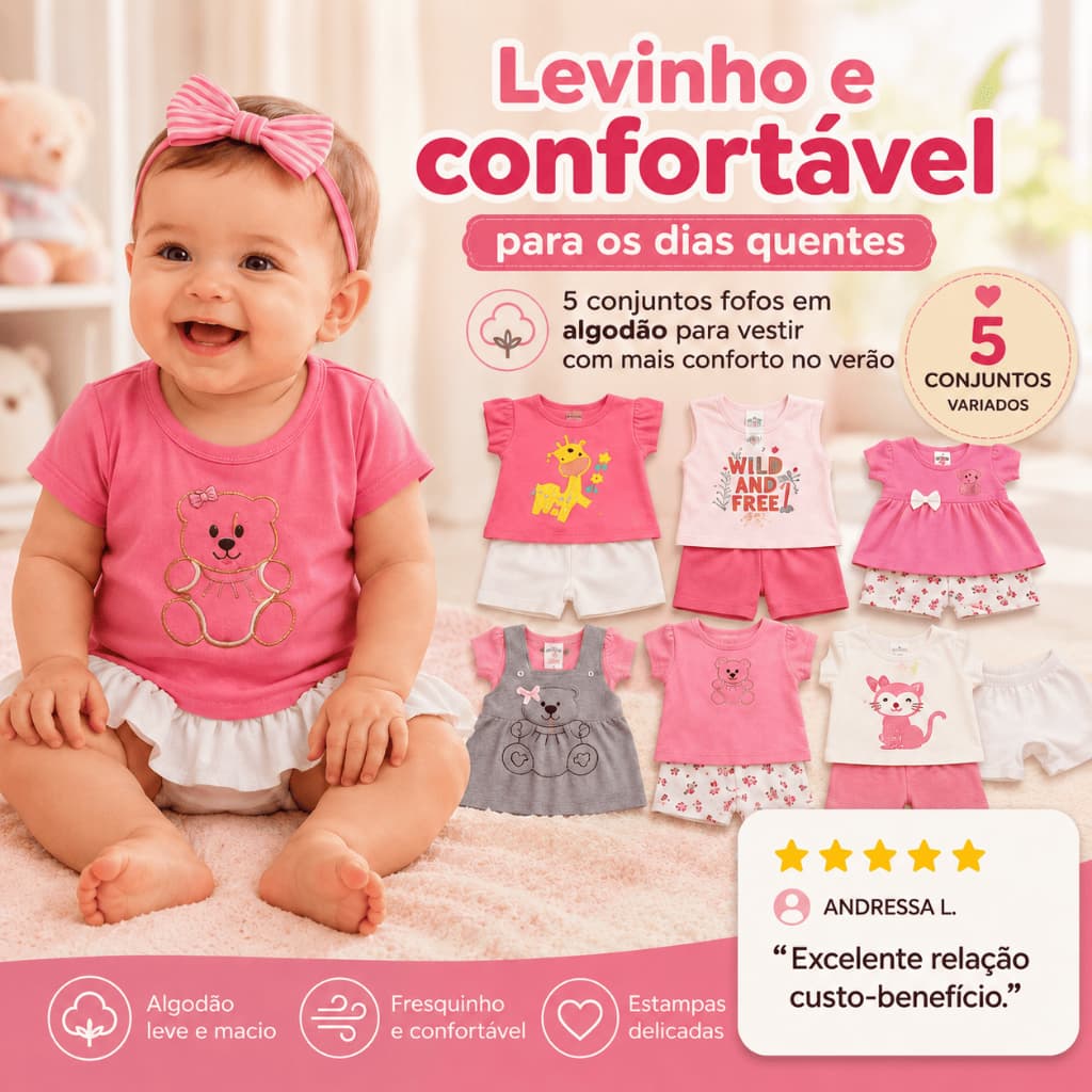 Kit 5 Conjuntos Menina Bebê Infantil Peças de Roupas Verão Infantil Fashion Short Blusa Algodão