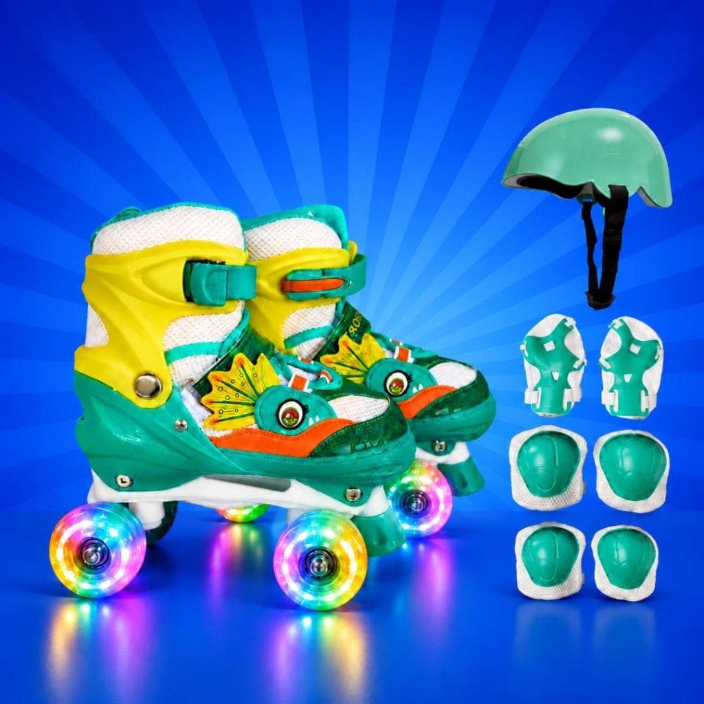Patins Dinossauro Quad 4 Rodas Infantil Tamanho Regulavel Com Rodinhas de LED + Bolsa + KIT DE PROTEÇÃO COMPLETO