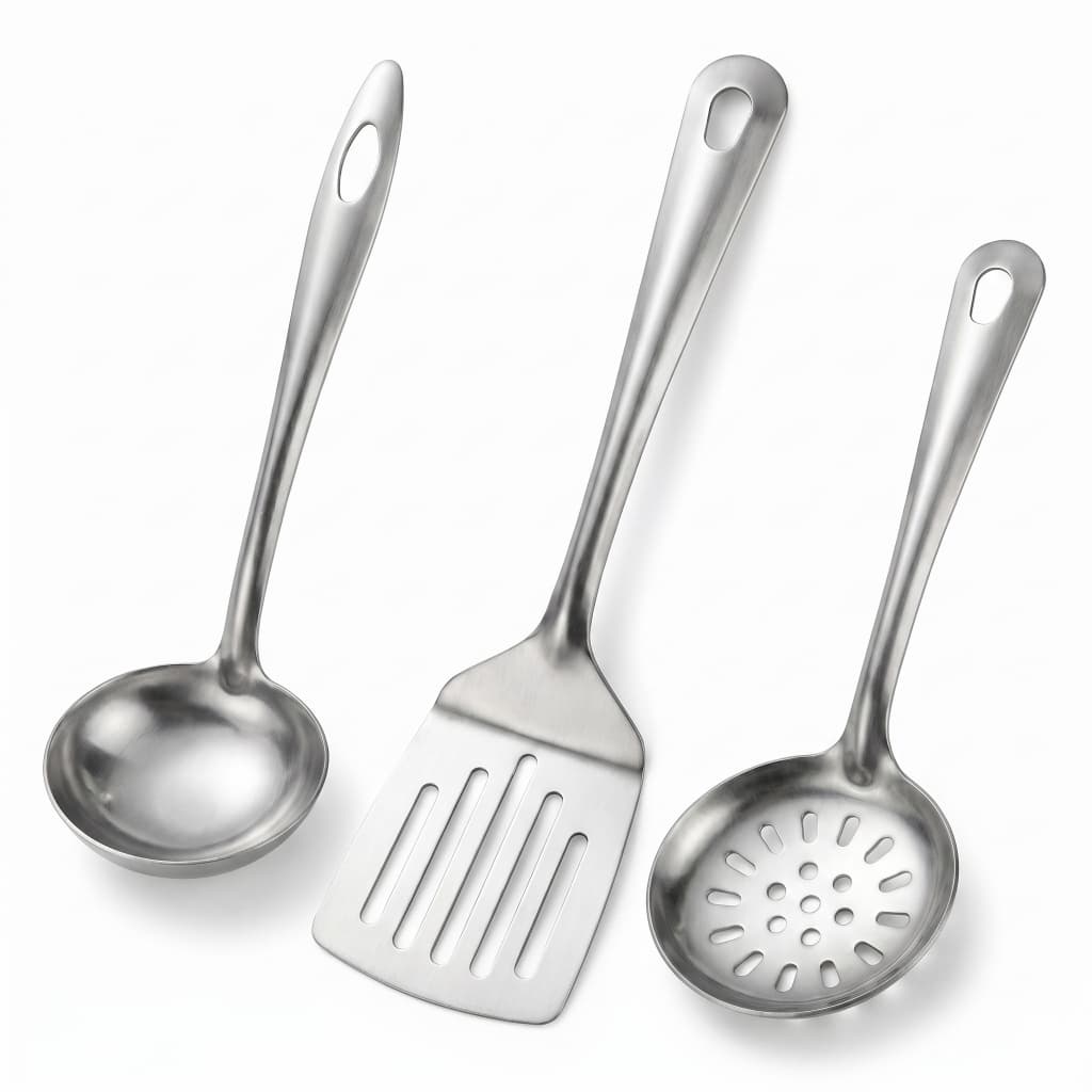 Jogo De Utensílios Inox Para Cozinha Completo Com Espátula, Escumadeira E Concha Prateado - Kit Premium