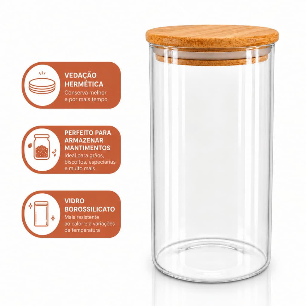 Pote De Vidro Hermético 950ml Tampa Bambu Organizador Mantimentos Açucar Macarrão