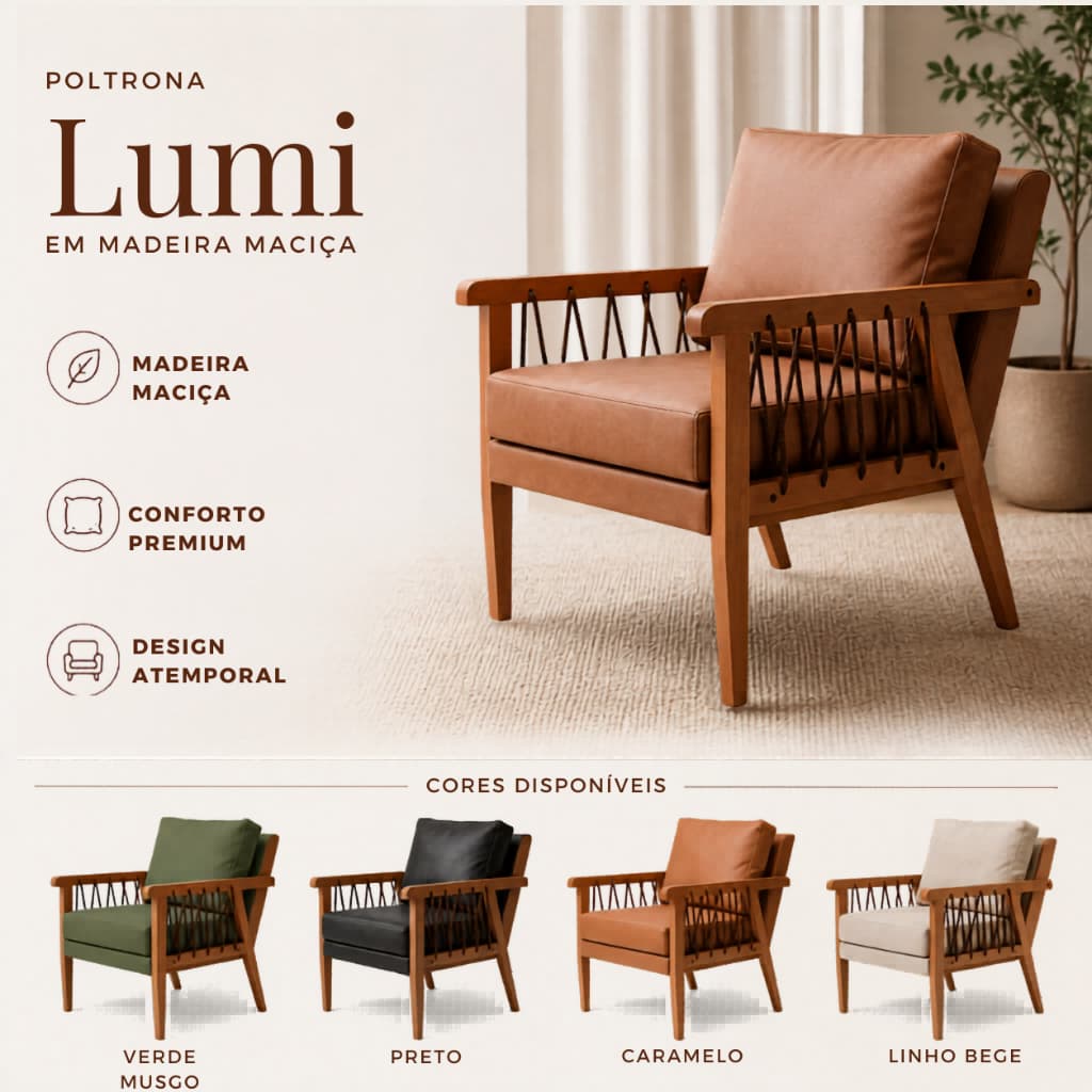 Poltrona Lumi em Madeira Maciça e Corda Náutica Luxo Premium para Sala, Recepção e Área Externa Moderna Decorativa