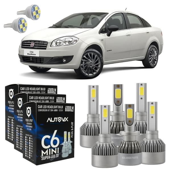 Kit Lâmpadas Super Led Fiat Linea 2007 A 2016 Farol Alto Baixo Milha + T10 - Lâmpadas de Led