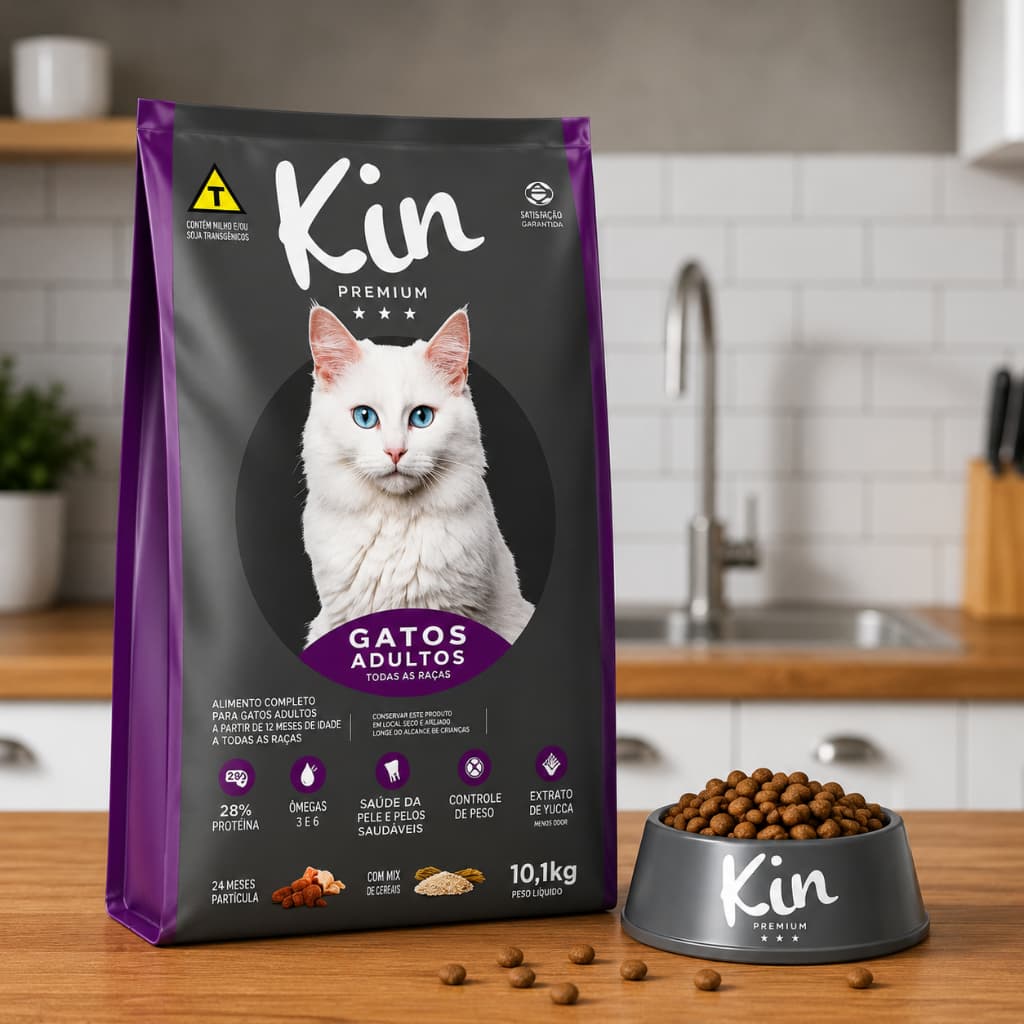 Ração Kin Premium Gatos Adultos 10,1kg 28% Proteína Completa Com Ômega 3 e 6 Sem Corantes