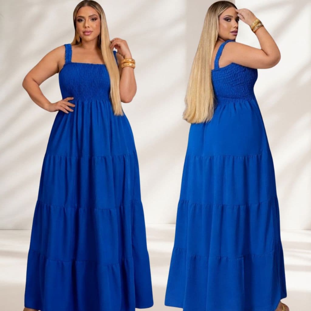 Vestido Plus Size Confortavel Casual Elegante Todas Ocasioes Lastex e Saia em Camadas Soltinho Alca Franzida.