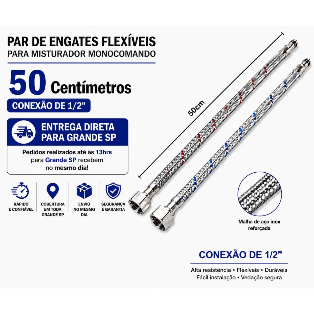 Par Engate Flexível 50cm 1/2" para Misturador Monocomando Prateado Reforçado Alta Durabilidade | Kits 1 a 5 Pares
