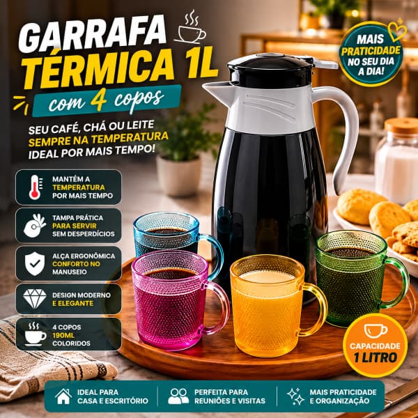 Kit Garrafa Termica 190ml Com Quatro Canecas De Vidro Preto Resistente Compacto