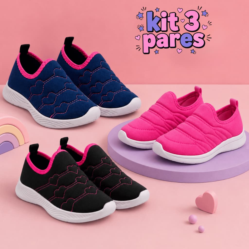 Kit 3 Tênis Infantil Calce Fácil Menina Confortável
