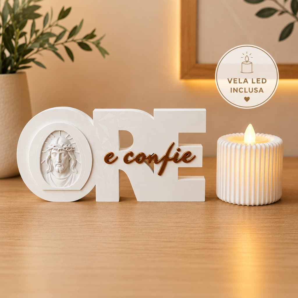 Kit Letreiro Decorativo Ore e Confie com Porta Velas e Vela LED para Sala e Quarto
