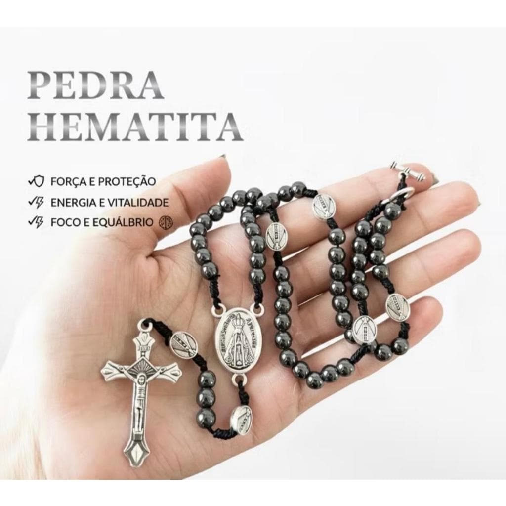 Terço Nossa Senhora Aparecida Pedra Hematita Premium | Fé, Proteção e Devoção