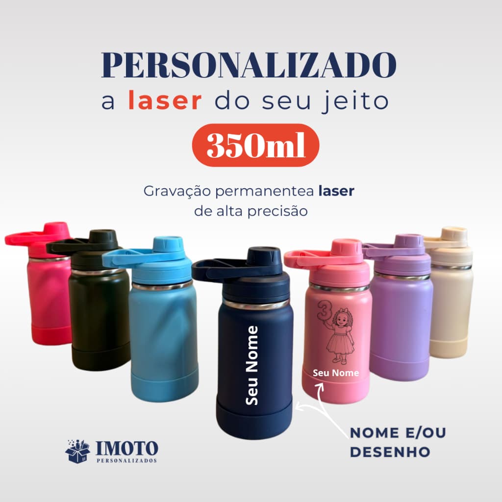 Garrafa inox térmica 350ML agua personalizada nome+desenho tampa rosqueavel escola criança infantil
