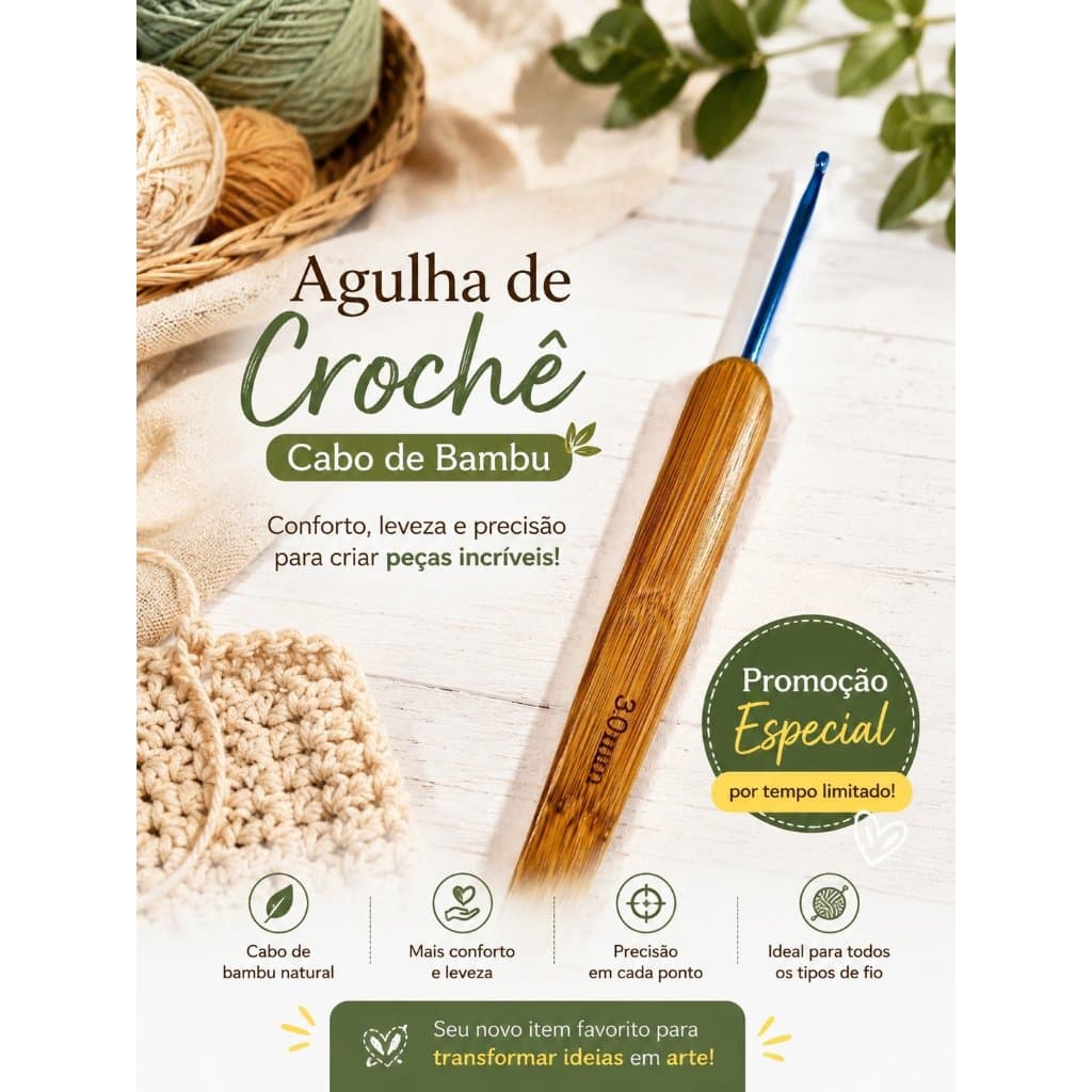 Agulha de Crochê Cabo de Bambu Ergonômica Leve Confortável Profissional Promoção