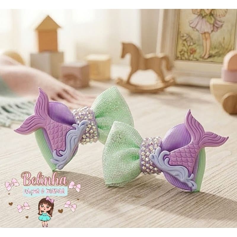 Laço Sereia Luxo Infantil Lilás e Verde Água Parzinho | Laço Boutique Menina |Bico de Pato|Acessório Infantil Premium