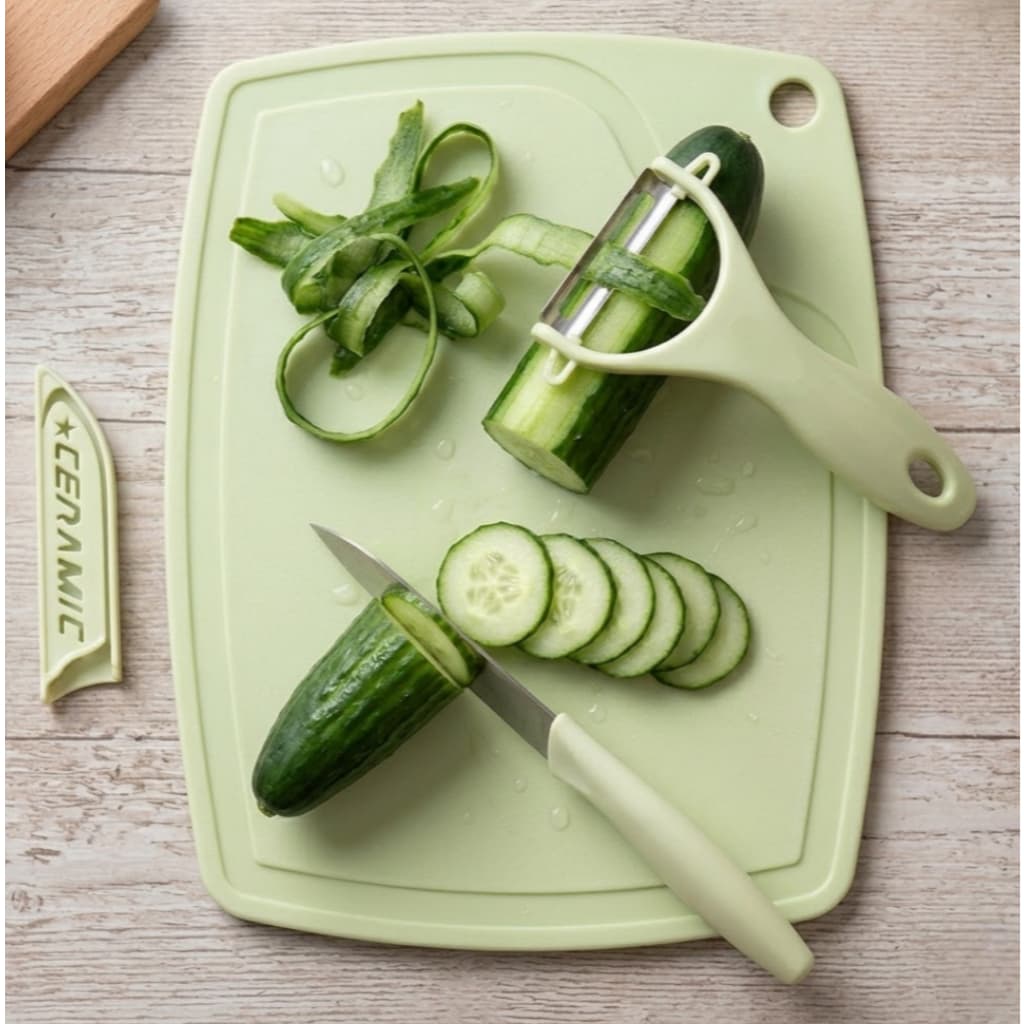 Kit Para Cozinha 3 Peças com Mini Tábua Faca com Bainha Descascador de Legumes e Frutas Colorido