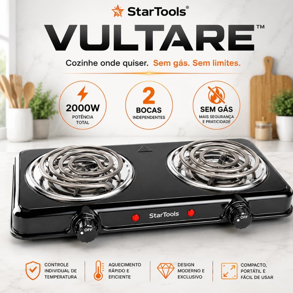 Fogareiro Elétrico Portátil 2 Bocas 2000W 220V Preto Controle de Temperatura Sem Gás VULTARE