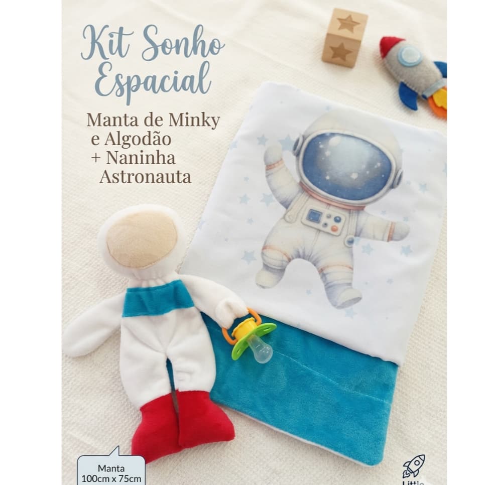 Manta para Bebê + Naninha paninho para bebe, naninha com prendedor de chupeta menino astronauta