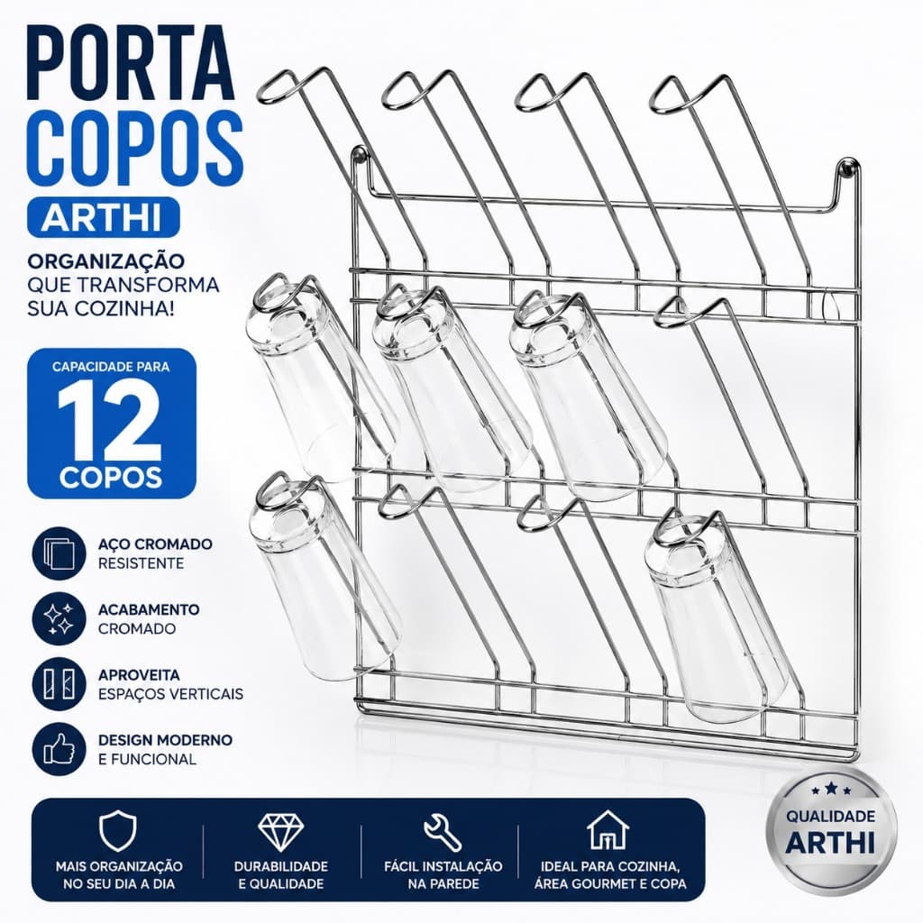 Suporte Porta Copos De Parede 12 Lugares Cromado Arthi Cozinha
