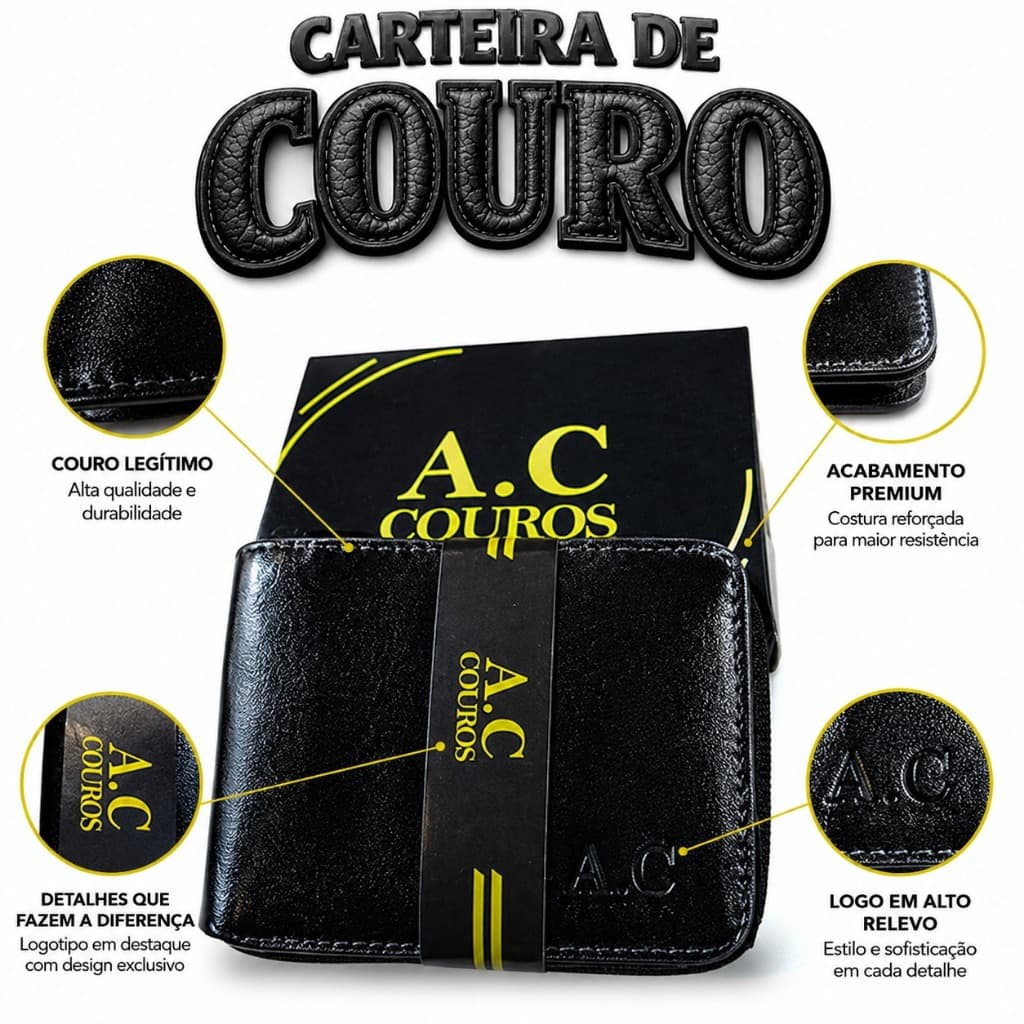 Carteira De Couro Premium Com Zíper Porta Cartões Masculino