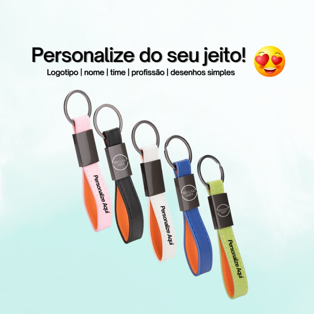 Chaveiro Metal com Couro Sintético Personalizado - nome/logo/trabalho/casa
