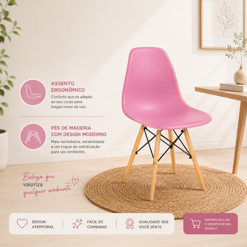 Cadeira Sala de Jantar Eiffel Eames Pés em Madeira Disponível na cor Rosa ou Preta -1 ou 2 Unidades