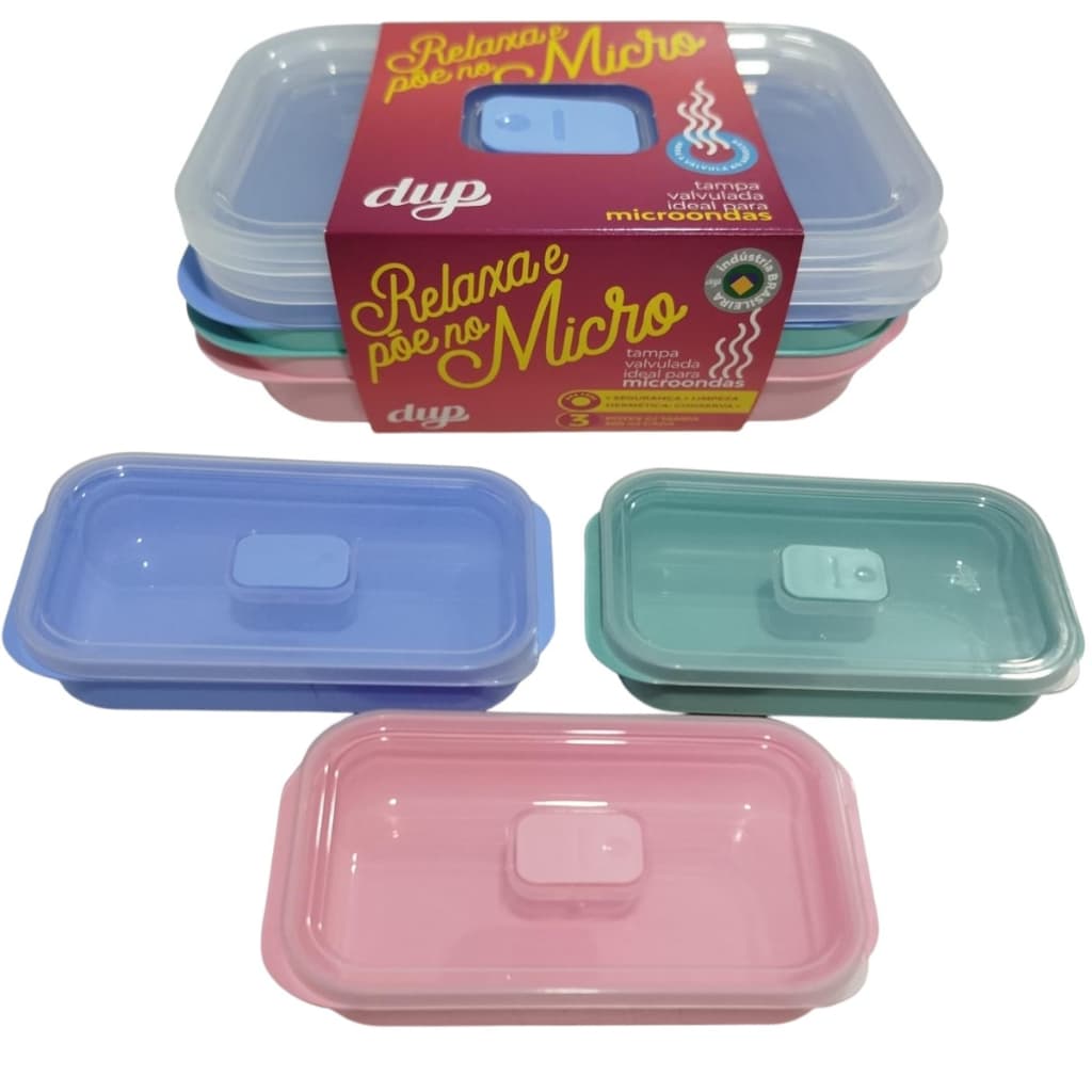 Kit 3 Potes Herméticos Marmita para Micro-ondas Dup tampa c/Válvula Tapuer Vasilha 500ml BPA