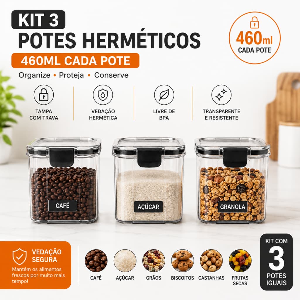 Kit 3 Potes Herméticos Quadrado 460ml com Tampa com Trava Pote para Armazenar Alimentos Snacks Ideal