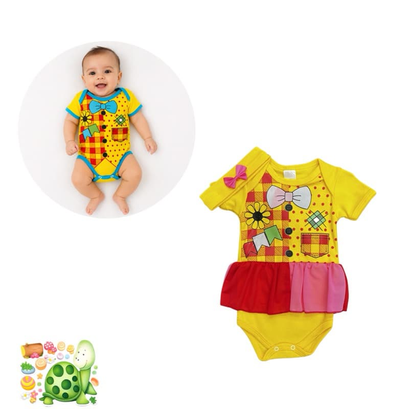 Body Infaltil temático Xadrez Festa Junina Arraia amarelo Masc e Fem