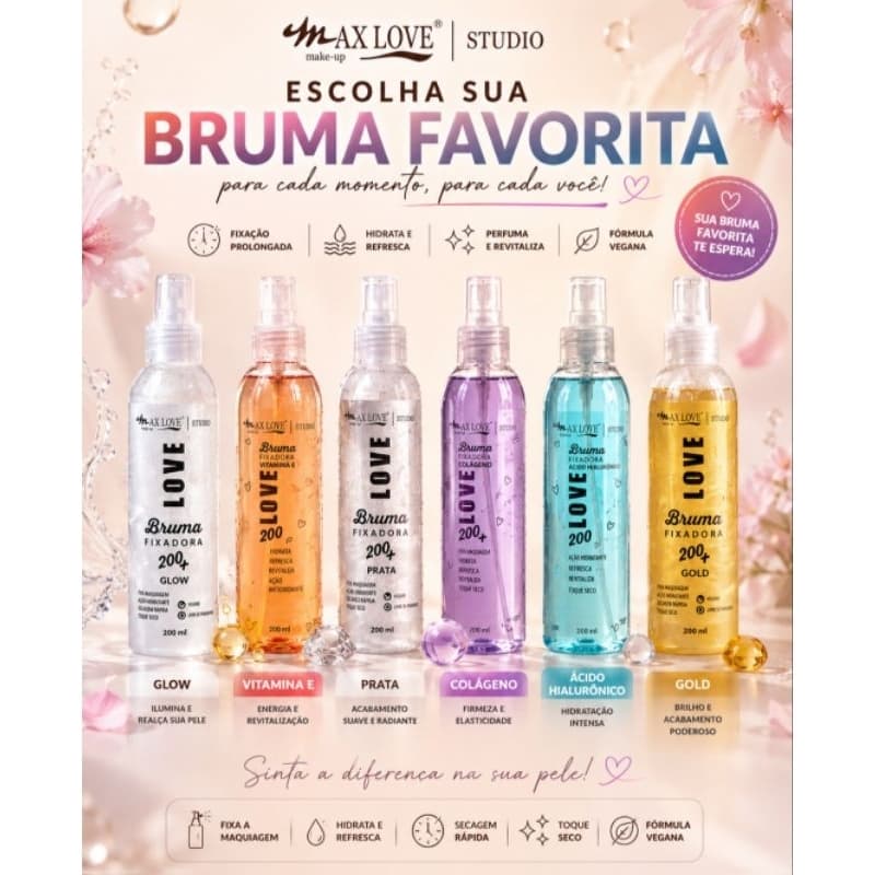Bruma Max Love 200ml - Fixador de Maquiagem - Gold Prata Ácido Hialurônico Revitalizante Colágeno - 6 tipos