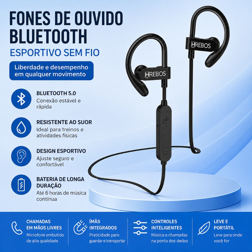Hrebos HS-188 Fone Condução Óssea Bluetooth 5.0 Esportivo Preto