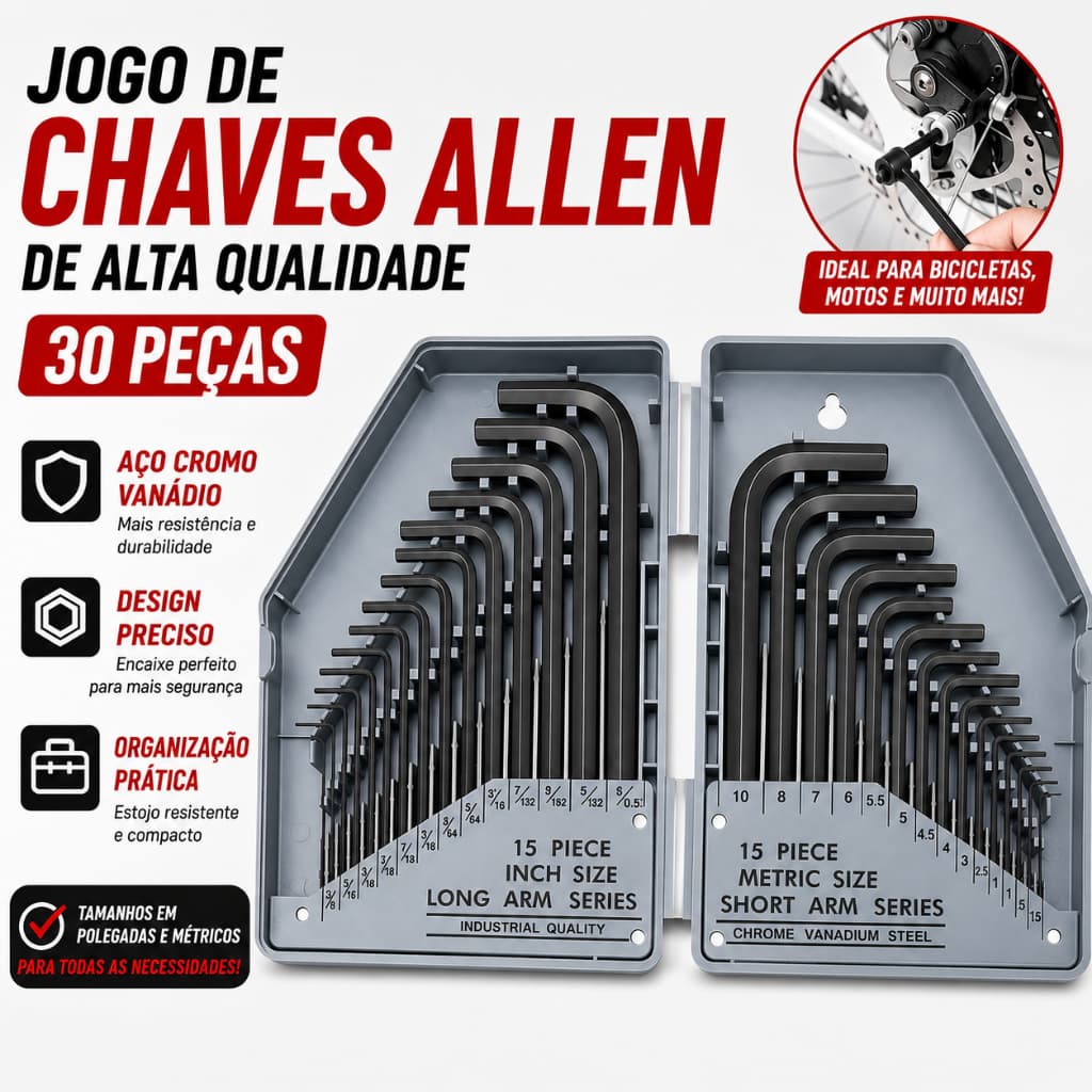 Kit 30 Peças Chaves Allen CR-V | Mm e Pol L Profissional com Estojo - Pronta Entrega