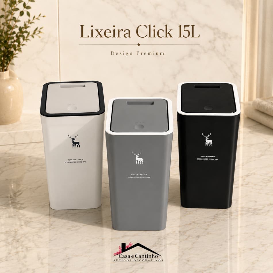 Lixeira Tampa Click Compacta Premium 15L Para Cozinha Escritório Banheiro Multiuso